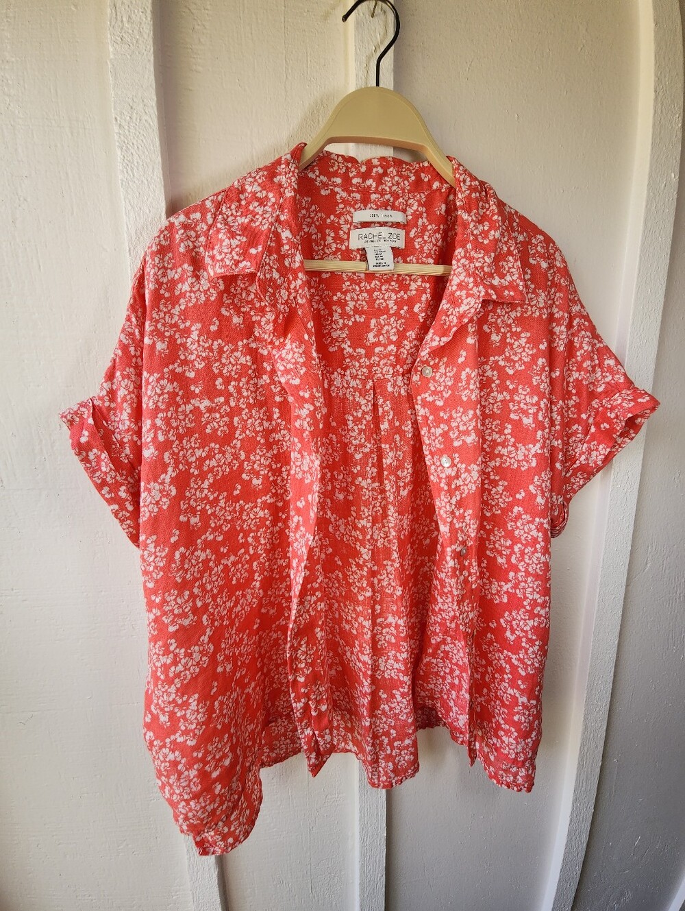 RACHEL ZOE Linen Coral Floral Print Top Oversize Cropped High Low Button Down Md